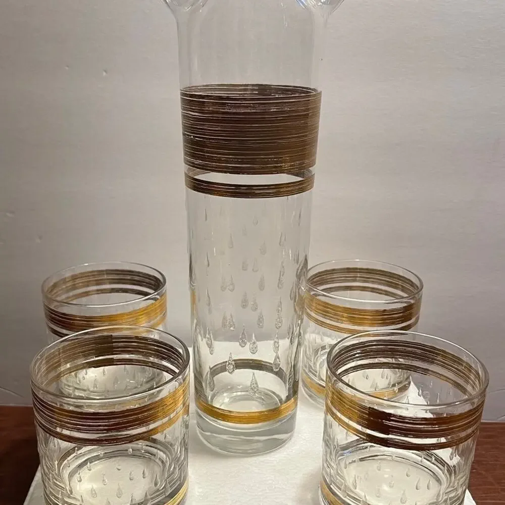 Vtg Cera Glass DewDrop 22kt pitcher + lowball glasses x4 RARE FIND cocktail set